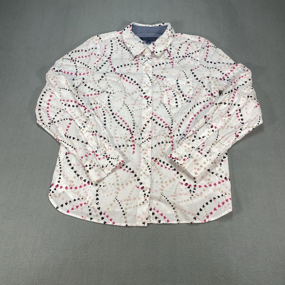 Tommy Hilfiger Women's Med Cotton Button Down Heart Long Sleeve Valentine Shirt